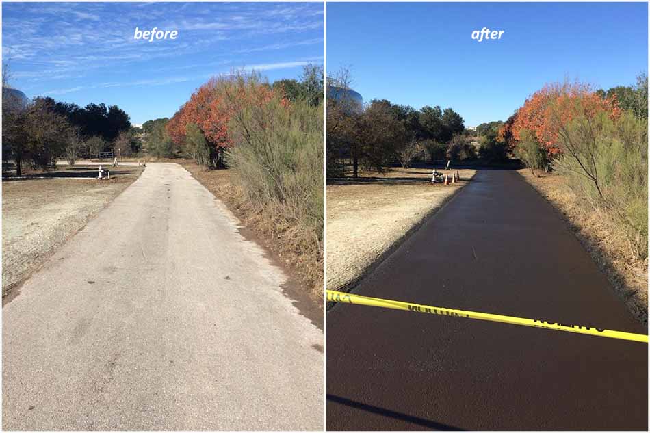 Before and after comparison of a sealcoated driveway